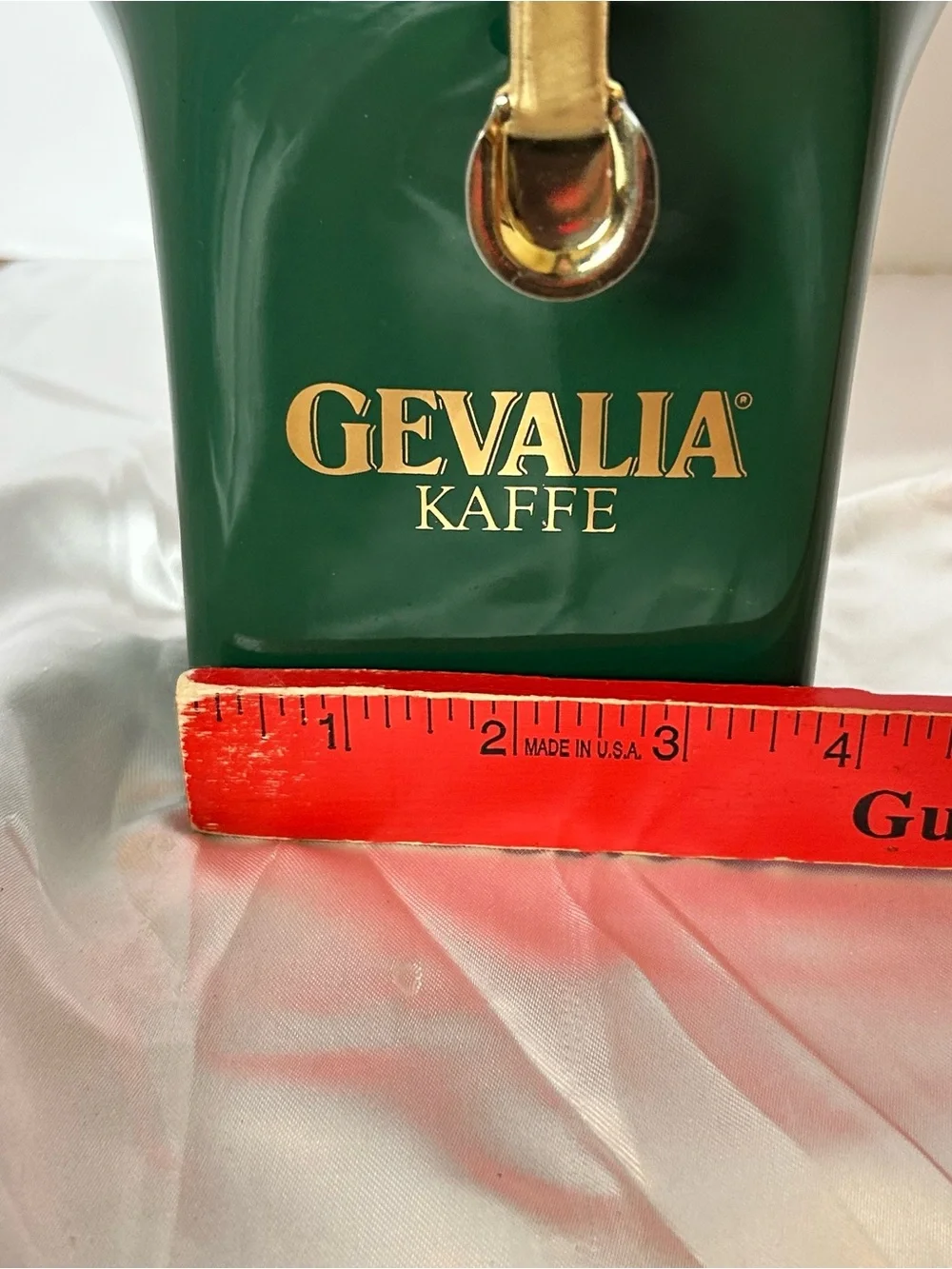 Gevalia Kaffe Canister Hinged Clamped Dark Green Gold Ceramic Holds 1 Lb